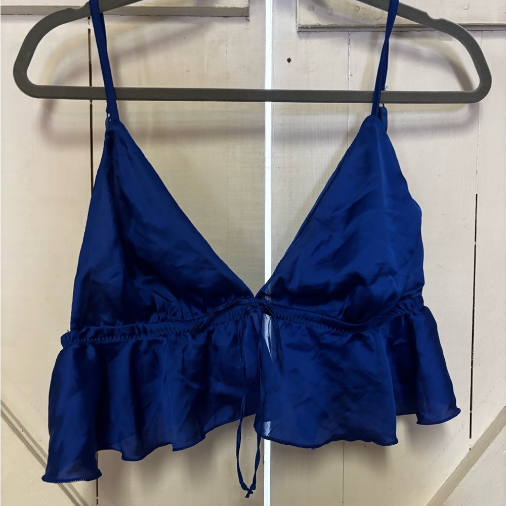 Blue Satin Ruffle Crop Top